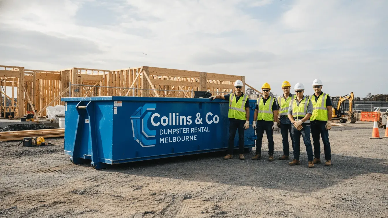 Collins & Co Dumpster Rental team in high-visibility vests at the Melbourne yard